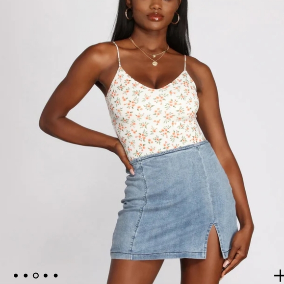 Windsor Tops - Windsor White & Orange Small Floral Strappy Bodysuit